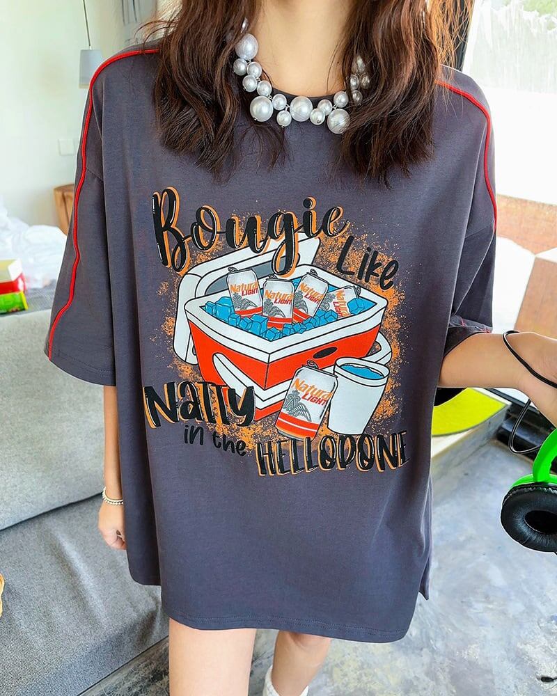 着せ ビッグロゴ ゆったり ロングTシャツ 半袖 ワンピースins-4859