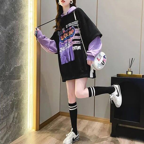 【春新作】アバンギャルド 個性派 レイヤード風 プリント パーカー ins-4994
