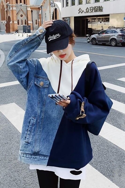 個性派 デニムパッチワークスウェットシャツins-5194