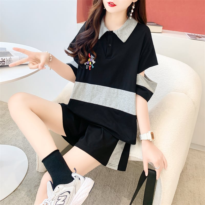 おすすめ カジュアル 切り替え 半袖Tシャツⅹパンツセット全2色 ins-8281