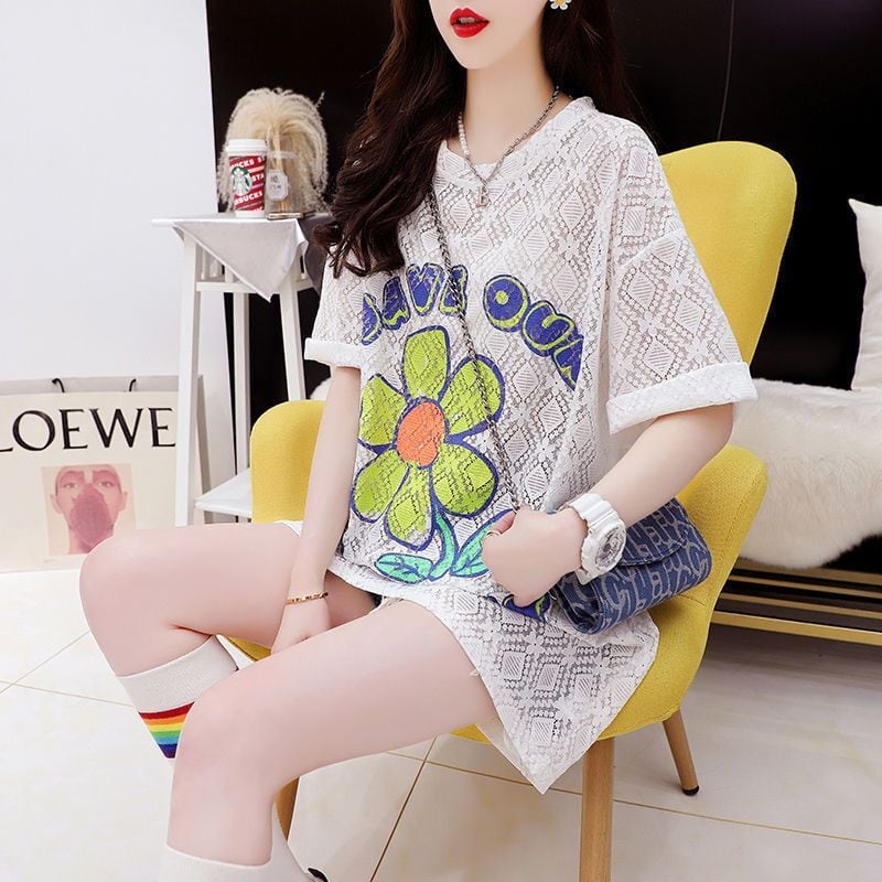 【半額!期間限定!!】新商品 一目惚れ 切り替え 透かし彫り プリント Tシャツ カットソーins-8523