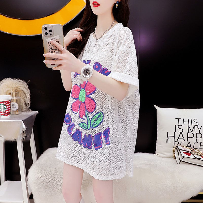 【半額!期間限定!!】新商品 一目惚れ 切り替え 透かし彫り プリント Tシャツ カットソーins-8523