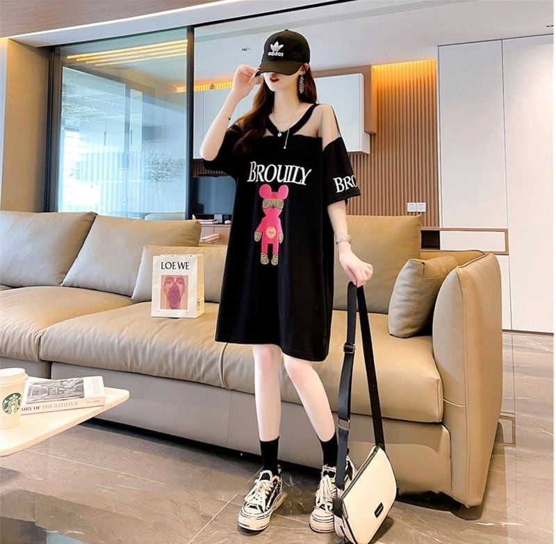 売り切れ必至 セクシー Vネック 切り替え チュール プリントTシャツ ゆったりワンピース ins-3050