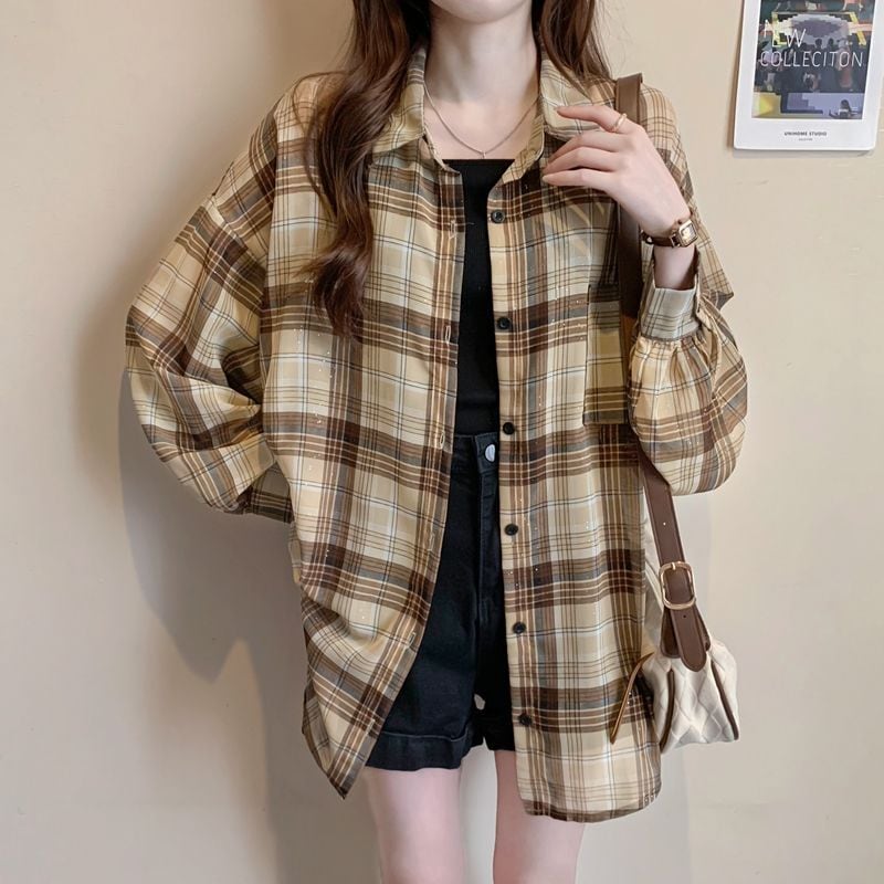 定番シンプル チェック柄 透け感 日焼け対策 全3色 シャツ ins-8544