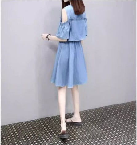 超人気 ファッション レイヤード風 切り替え デニム 半袖ワンピースins-8352