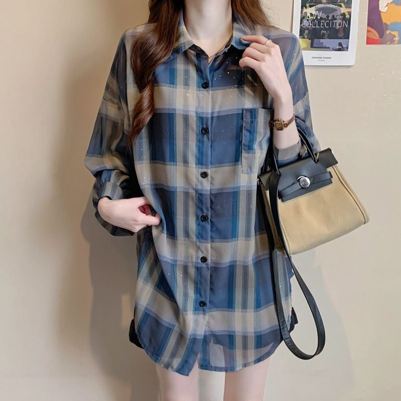 定番シンプル チェック柄 透け感 日焼け対策 全3色 シャツ ins-8544