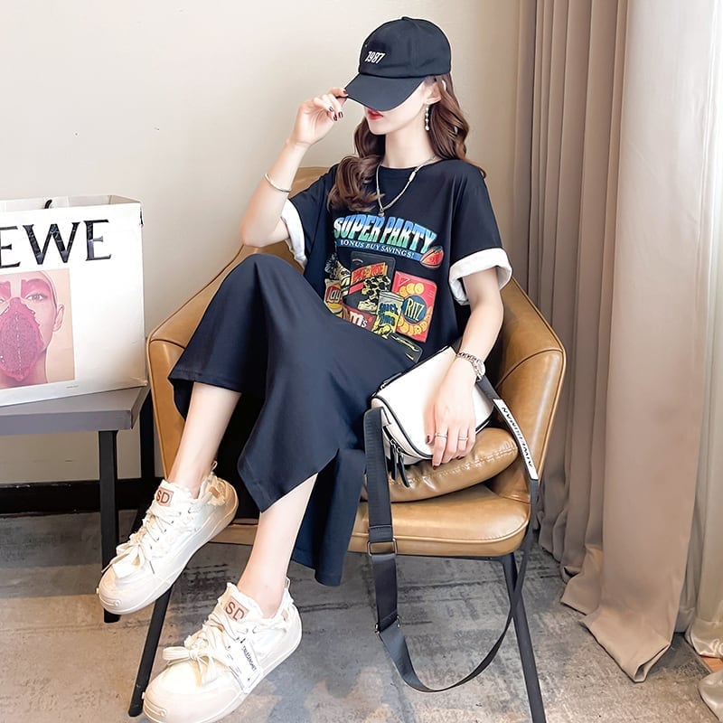 スタイリッシュ 一目惚れ プリント Tシャツ カットソー ワンピースins-3575
