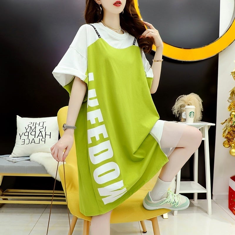 好感度UP 切り替え レイヤード風 プリント Tシャツ ゆったりワンピースins-8105