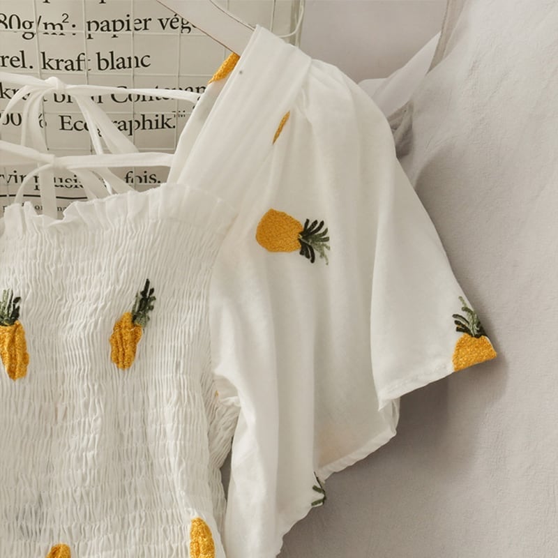 イチゴ パイナップル リボン スクエアネック 着せ 半袖 ワンピース ins-1937