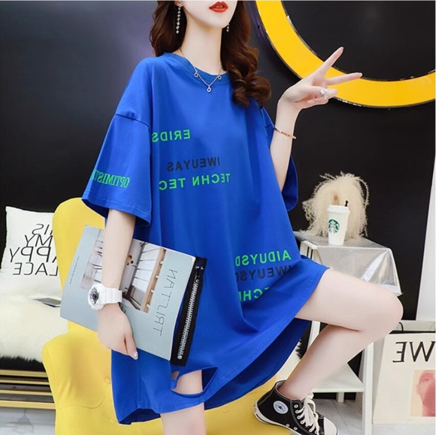 超人気 ゆったりロング丈 ダメージ加工 三色半袖Tシャツins-8107