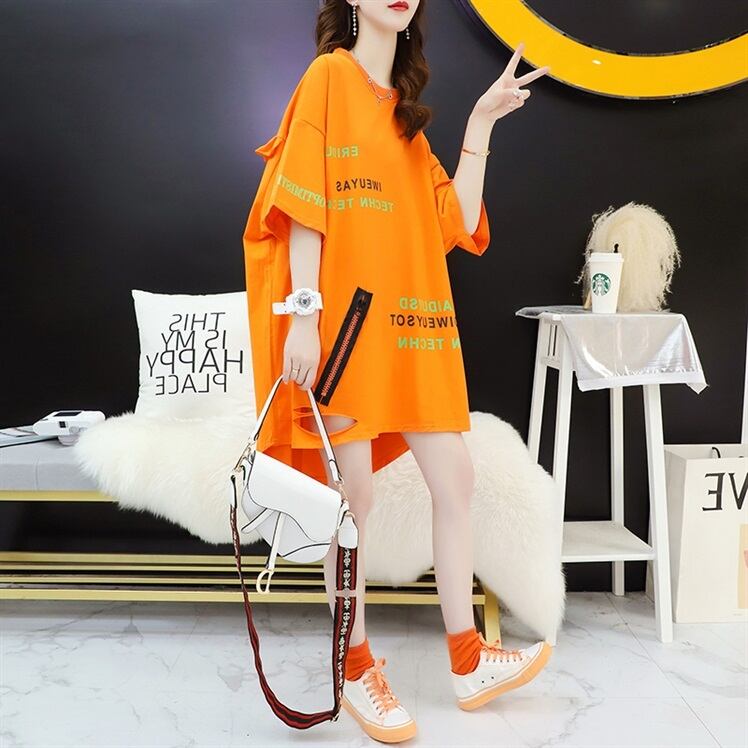 超人気 ゆったりロング丈 ダメージ加工 三色半袖Tシャツins-8107