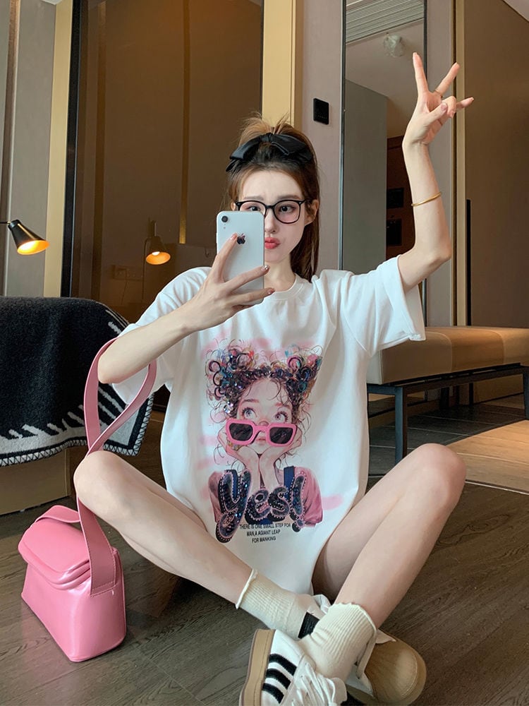 【半額!期間限定!!】大人可愛い上質 カジュアル キュートプリント 半袖Tシャツins-8593