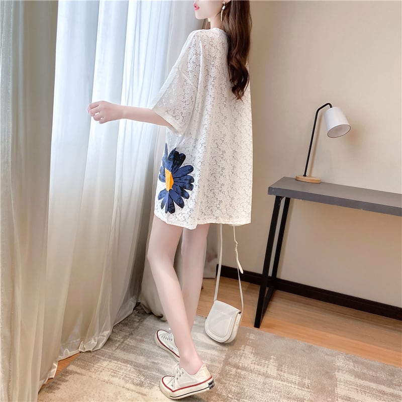 【半額!期間限定!!】美人度アップ 大好評 レース 透かし彫り プリント 半袖Tシャツ カットソー ins-8624
