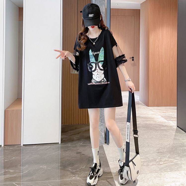 着回し力抜群 新作 チュール 切り替え ピンク プリント スパンコール プリント全3色 半袖Tシャツ カットソー ins-8557