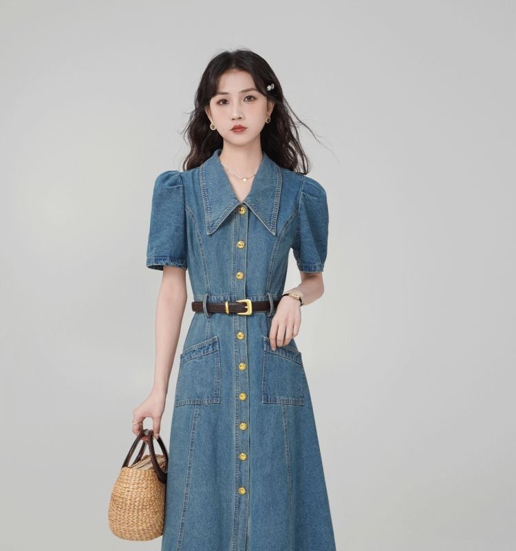 話題沸騰中 ファッション ブッファンスリーブ デニム ワンピースins-8254