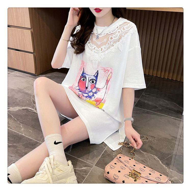 新商品 キュート 透かし彫り レース 切り替え ゆったり 半袖Tシャツins-8472