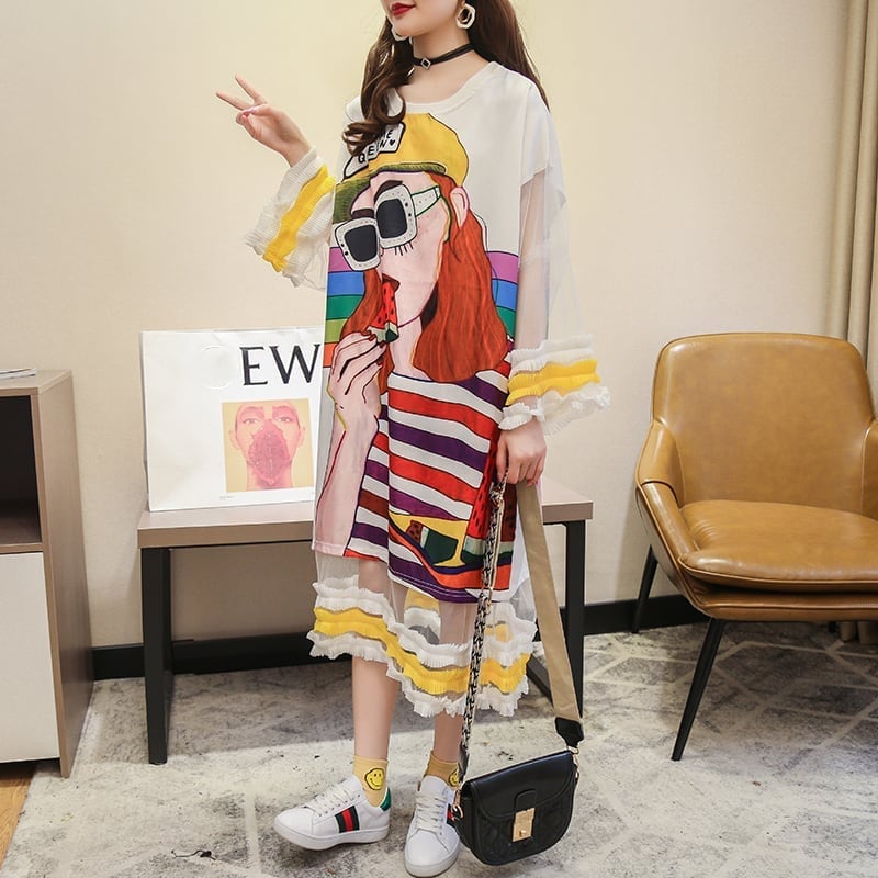 【ランキング上位】プリント お洒落 可愛い 着心地良い ロングTシャツワンピース ins-887