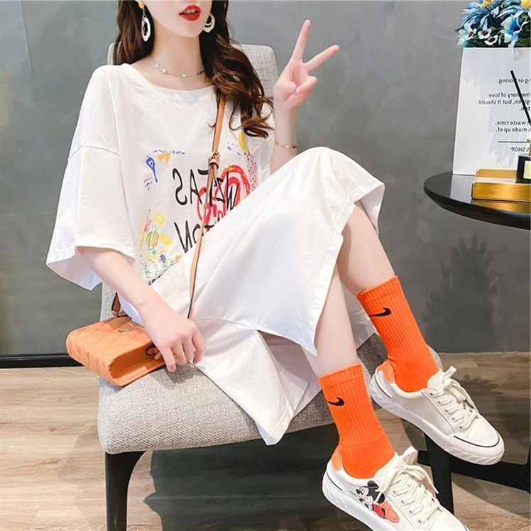 好感度UP カジュアル ゆったりロング丈 切り替え 三色 半袖Tシャツins-8166