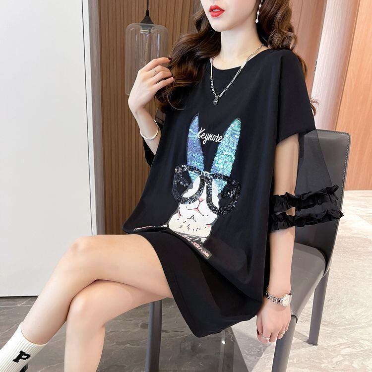 着回し力抜群 新作 チュール 切り替え ピンク プリント スパンコール プリント全3色 半袖Tシャツ カットソー ins-8557