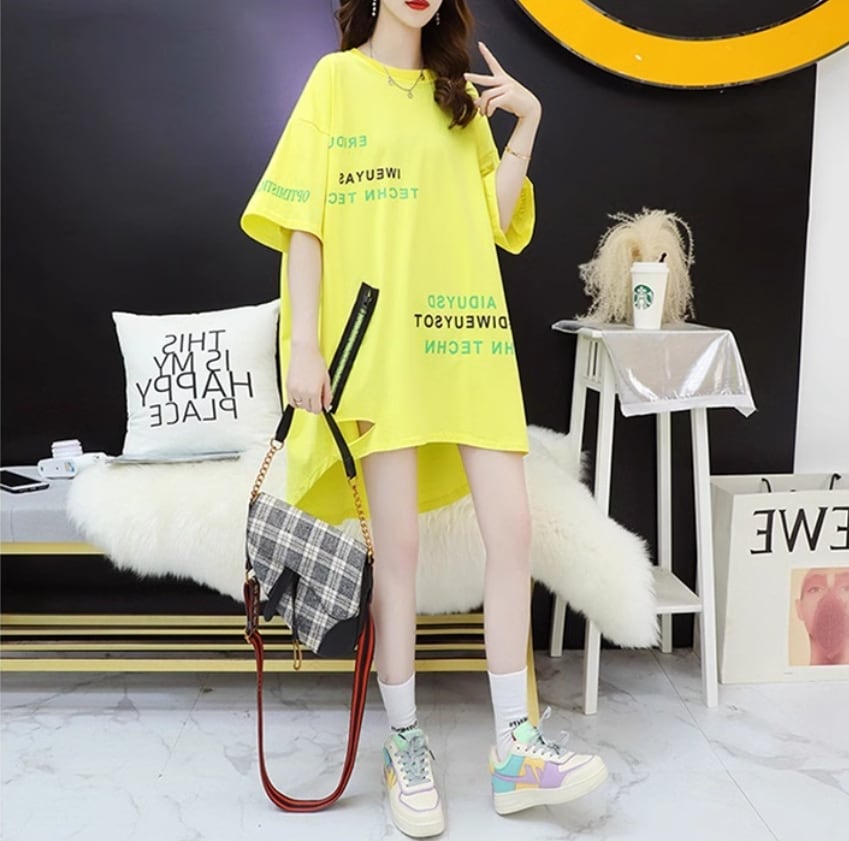 超人気 ゆったりロング丈 ダメージ加工 三色半袖Tシャツins-8107
