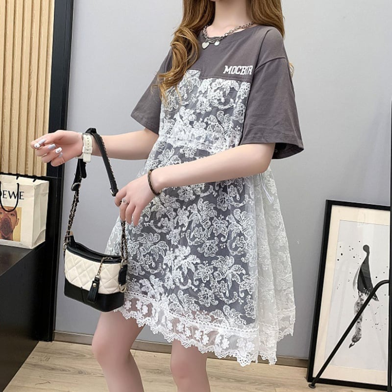 女子マスト レース 切り替え ゆったり 着せ ハイウエスト 半袖 ワンピース ins-2019