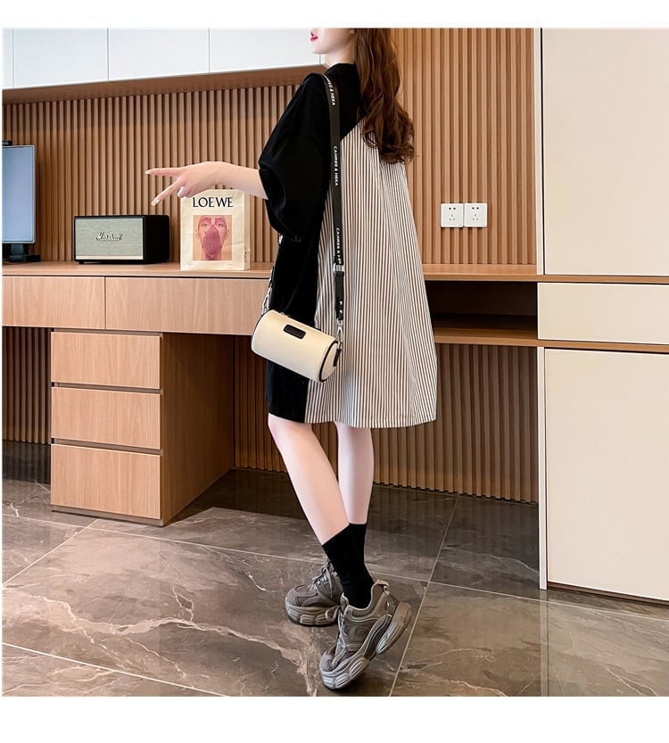POLOネック ストライプ柄 切り替え ロング Tシャツ ゆったりワンピース ins-3031