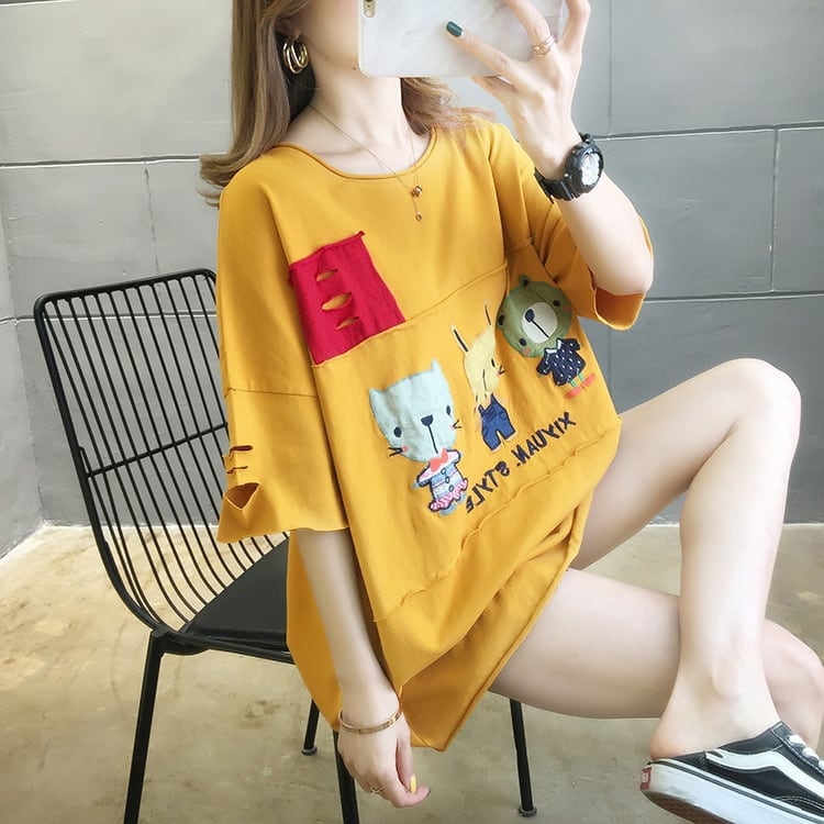 絶対欲しい 個性派 ダメージ加工 ゆったり 半袖Tシャツ 全3色 ins-4949