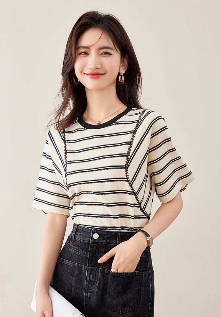好感度UP カジュアル ファッション エレガント ストライプ柄 Tシャツins-8327