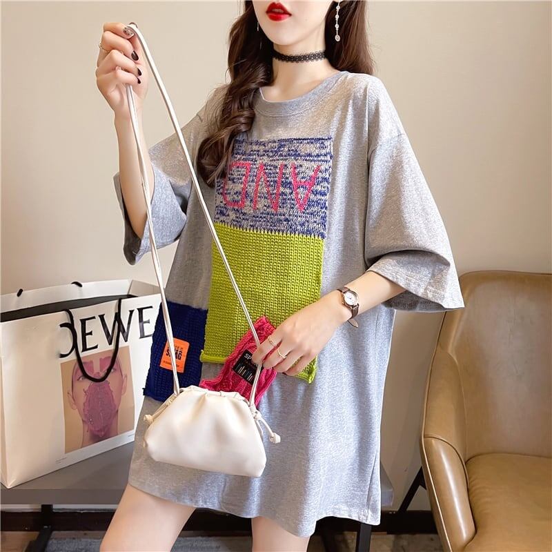 【半額!期間限定!!】ゆったりロング丈切り替え三色半袖Tシャツins-1565