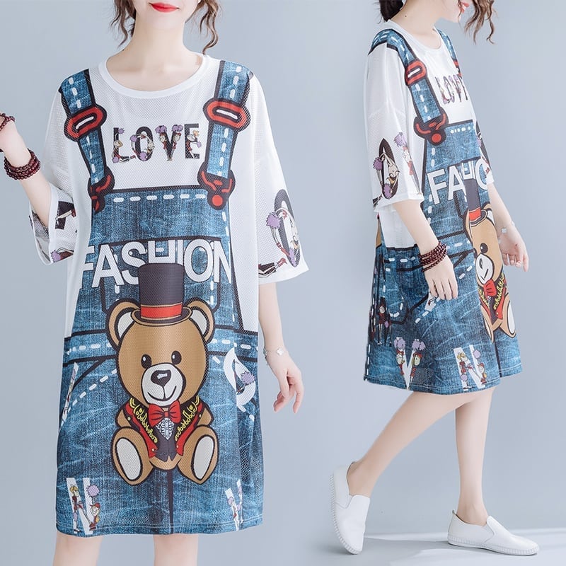 旅行Tシャツ レディース 夏 膝丈 プリント 大きいサイズ ゆったりさらっと涼しい ins-656