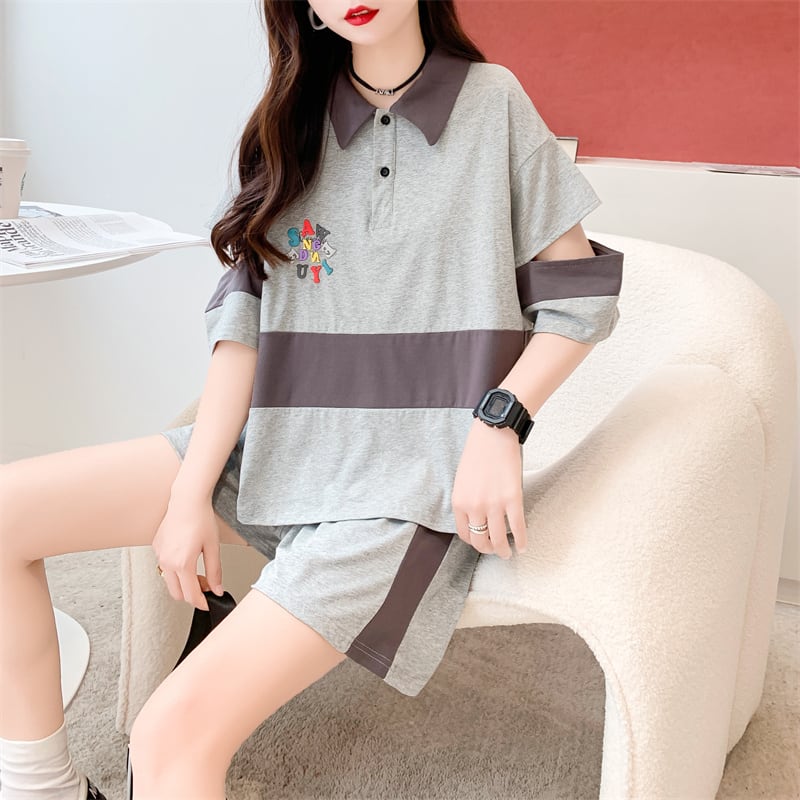おすすめ カジュアル 切り替え 半袖Tシャツⅹパンツセット全2色 ins-8281
