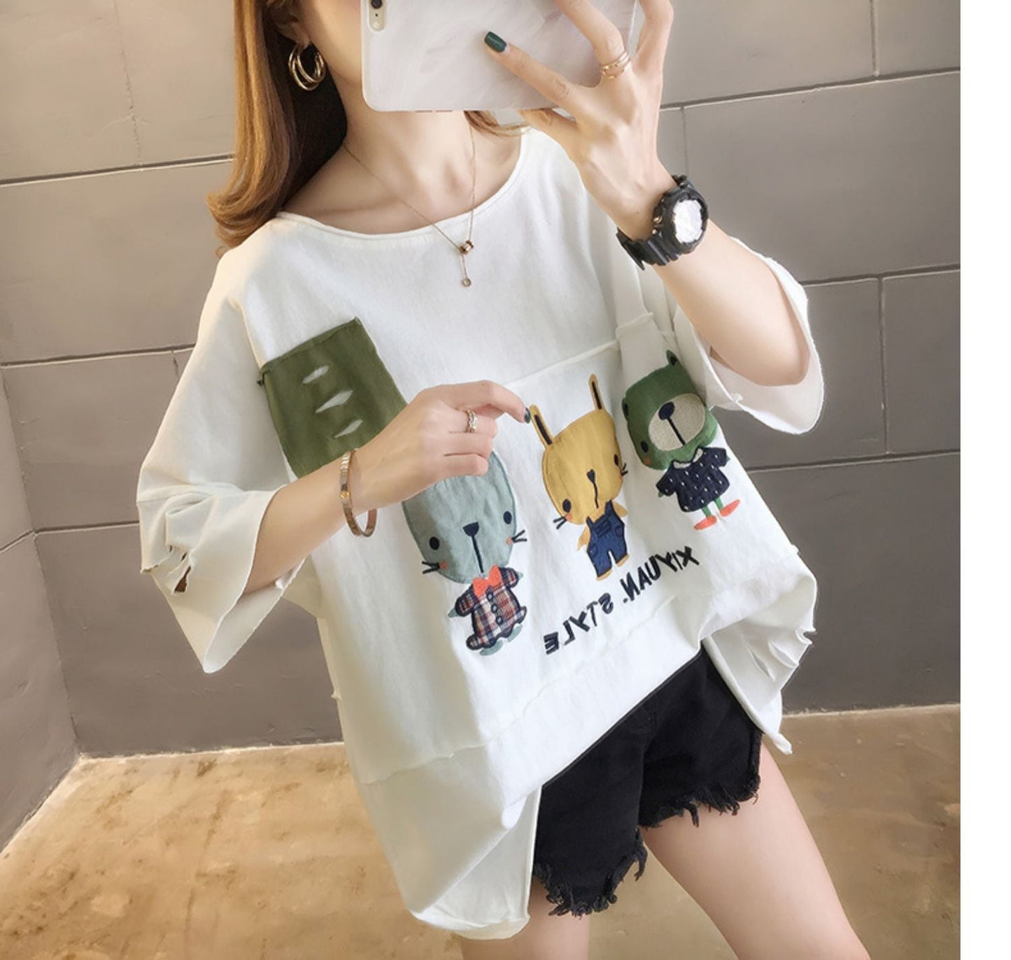 絶対欲しい 個性派 ダメージ加工 ゆったり 半袖Tシャツ 全3色 ins-4949