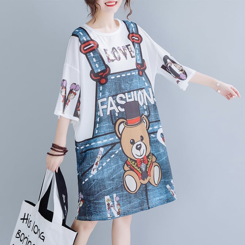 旅行Tシャツ レディース 夏 膝丈 プリント 大きいサイズ ゆったりさらっと涼しい ins-656