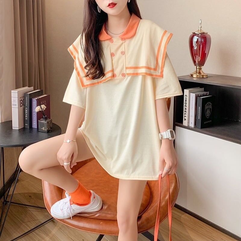 絶対欲しい セーラーカラー ロング Tシャツ 三色 ゆったりワンピースins-4028