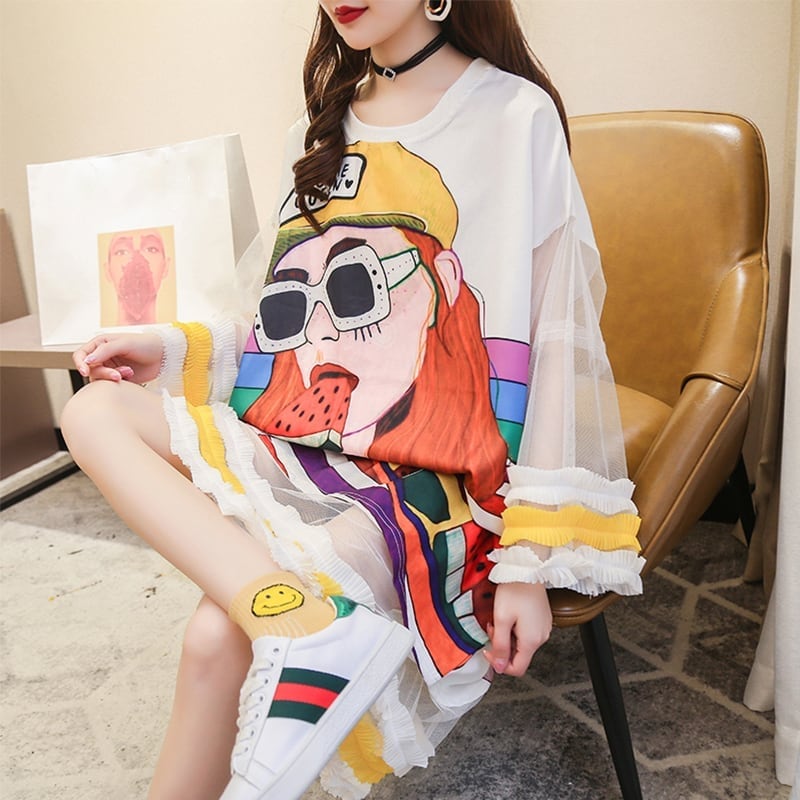 【ランキング上位】プリント お洒落 可愛い 着心地良い ロングTシャツワンピース ins-887