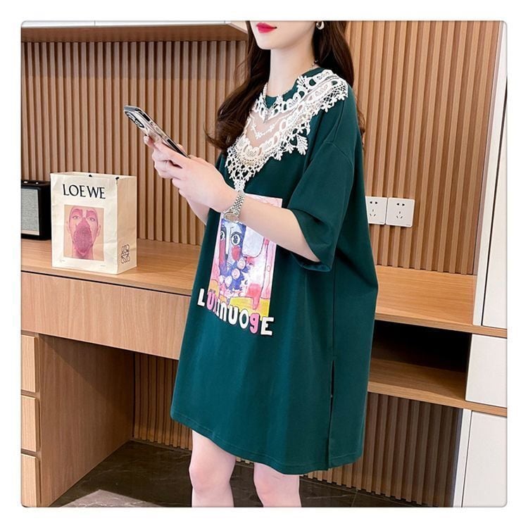 新商品 キュート 透かし彫り レース 切り替え ゆったり 半袖Tシャツins-8472