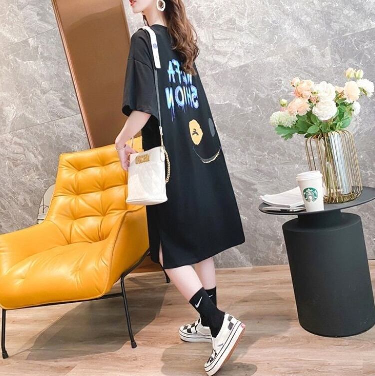 好感度UP カジュアル ゆったりロング丈 切り替え 三色 半袖Tシャツins-8166