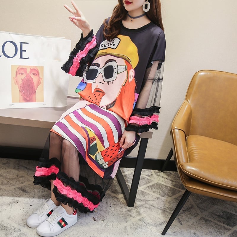 【ランキング上位】プリント お洒落 可愛い 着心地良い ロングTシャツワンピース ins-887