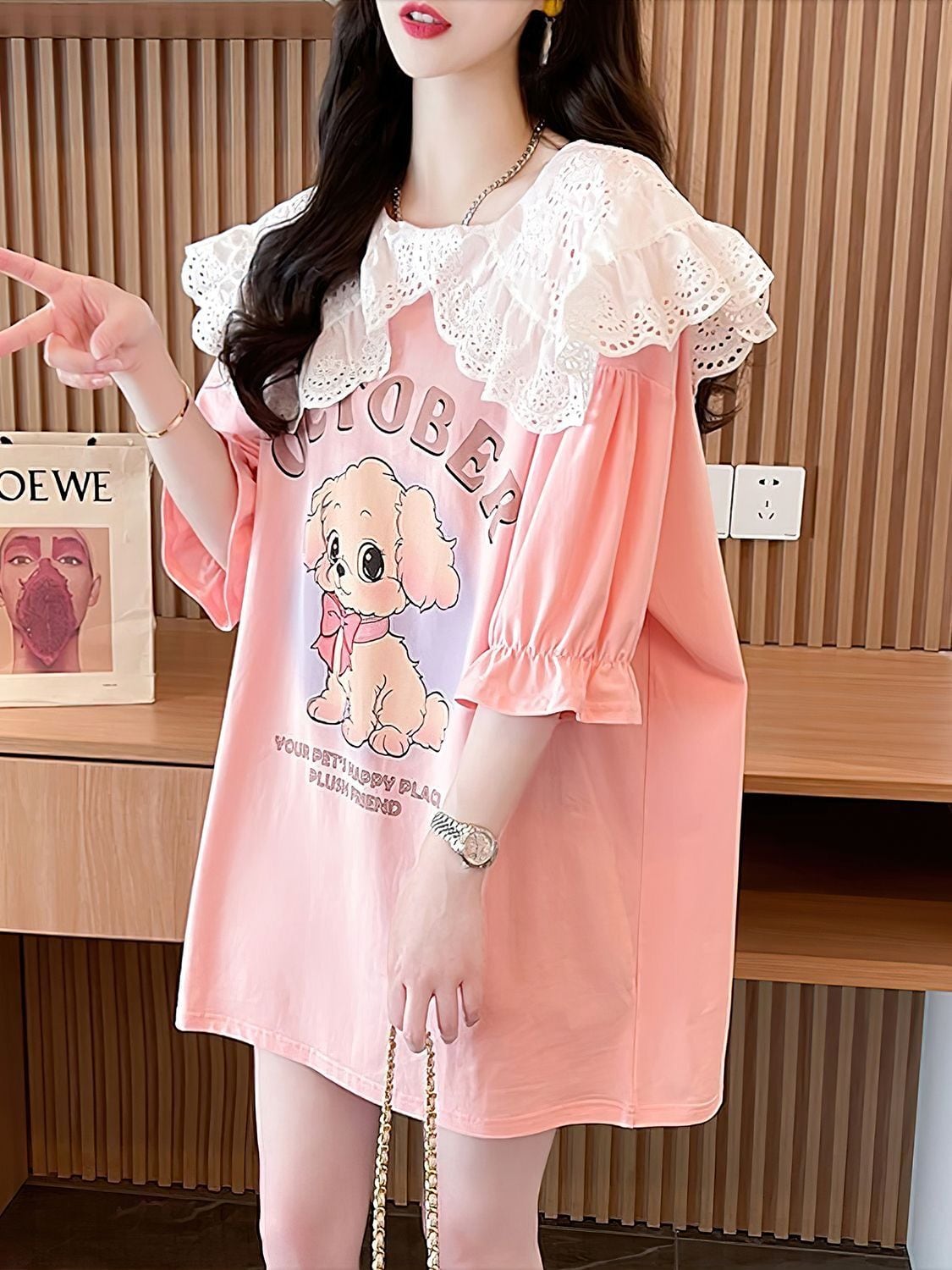 絶対流行 キュートプリント 切り替え ゆったり 5分袖 Tシャツins-8474