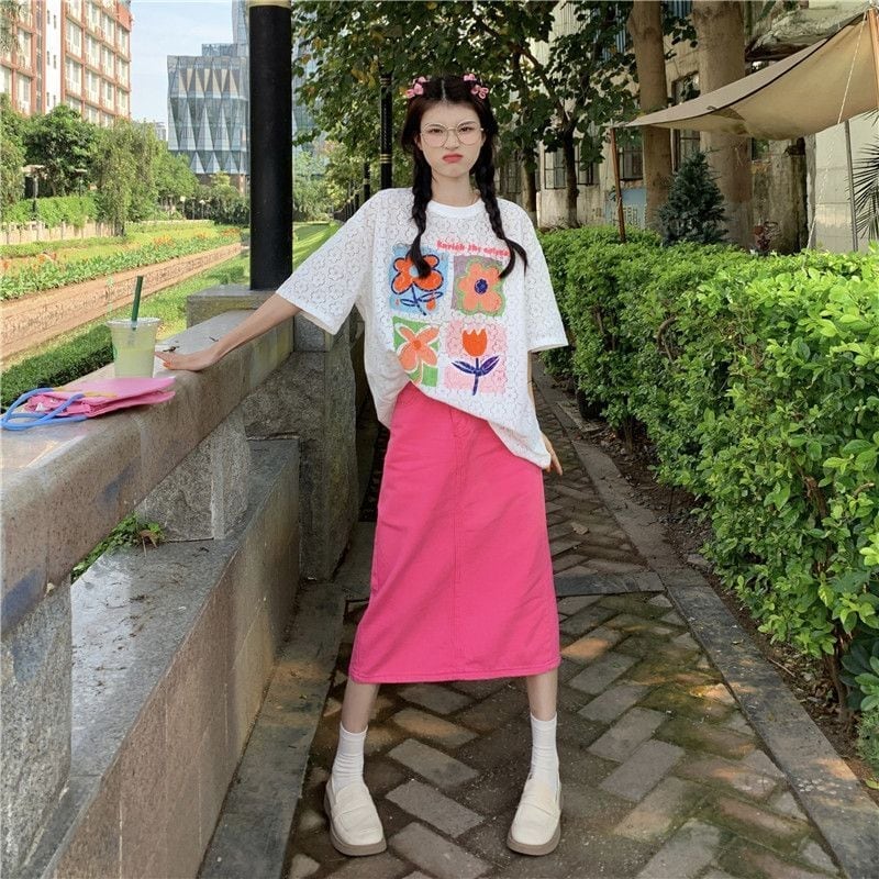新作 透かし彫り プリント ゆったり 半袖 Tシャツ ins-8089