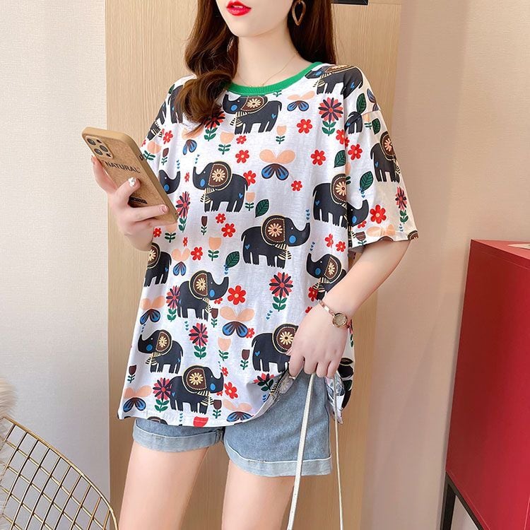 【半額!期間限定!!】絶対欲しい カジュアル キュート プリント ゆったり 2色半袖Tシャツins-8470