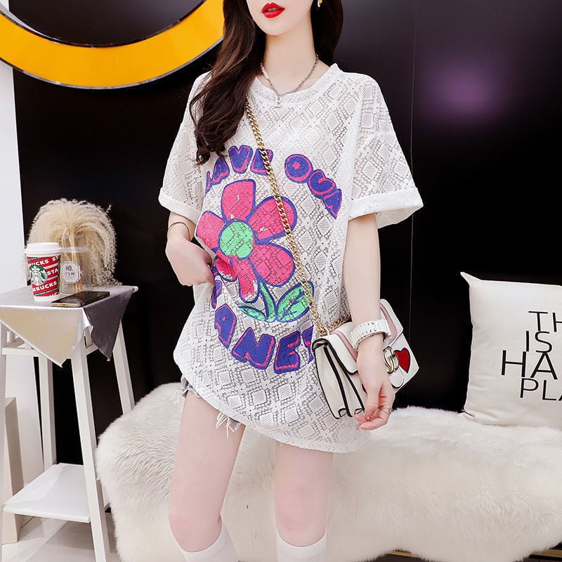 【半額!期間限定!!】新商品 一目惚れ 切り替え 透かし彫り プリント Tシャツ カットソーins-8523