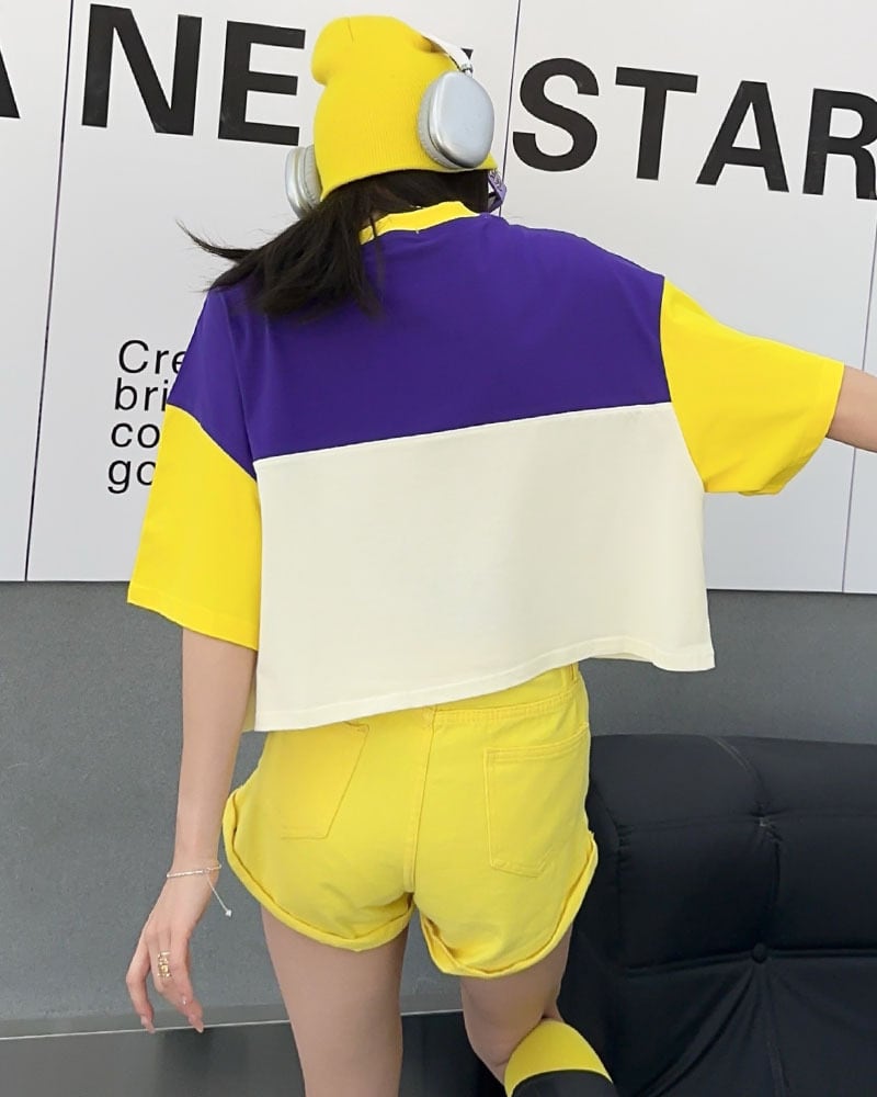 着回し力抜群 韓国系 切り替え三色 ゆったり半袖Tシャツ ins-8455