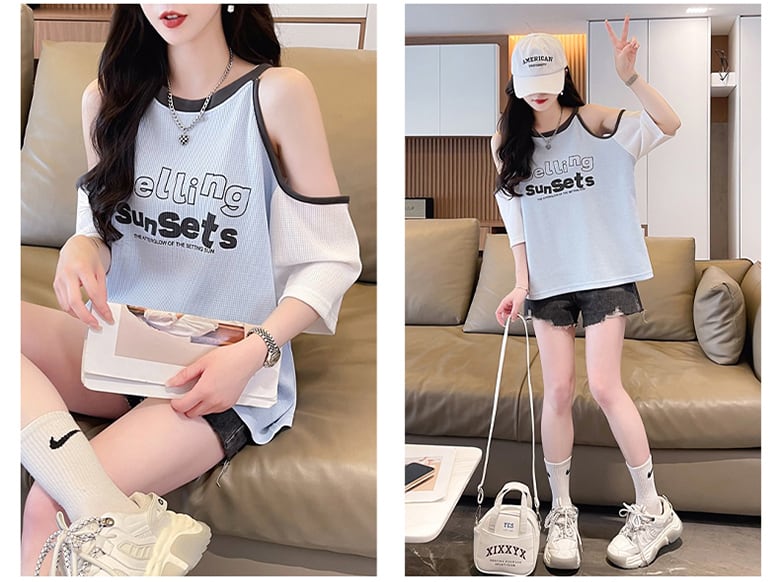 話題沸騰中 ロゴ プリント 肩だし 肌見せ 肩開き ゆったり 3色半袖Tシャツins-8212