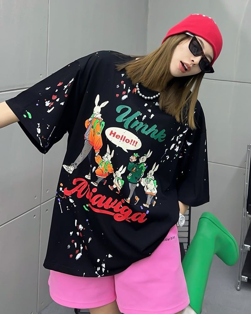 早い者勝ち ファッション キュート ルーズ 落書き風 プリント半袖Tシャツ 全3色ins-4913