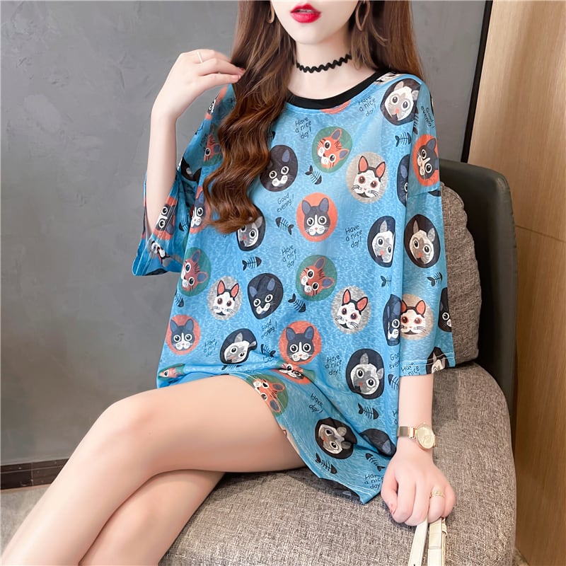 新商品 カジュアル キュート プリント ゆったり 日焼け止め 2色半袖Tシャツins-8488