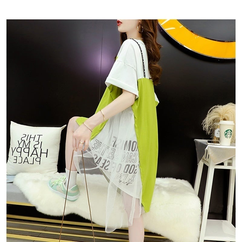 好感度UP 切り替え レイヤード風 プリント Tシャツ ゆったりワンピースins-8105