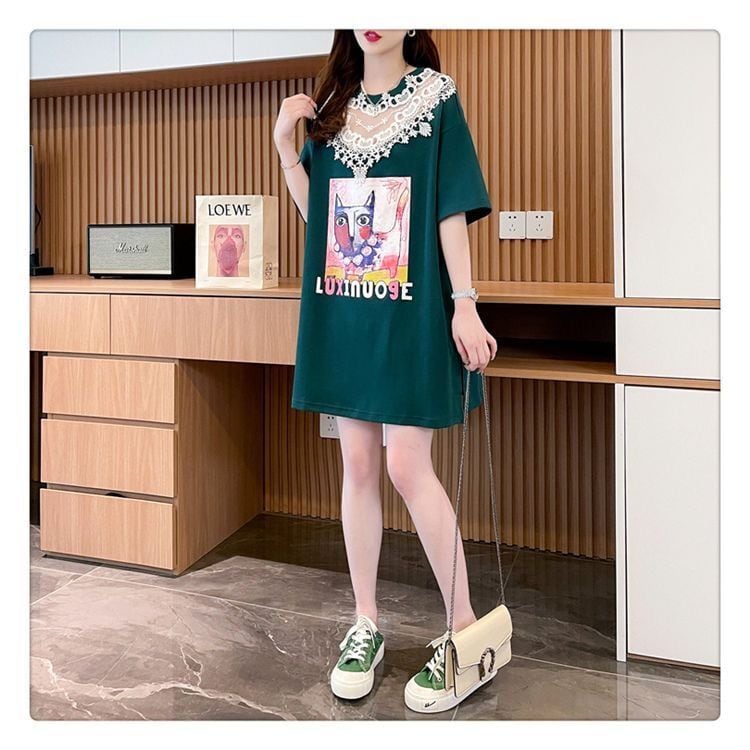 新商品 キュート 透かし彫り レース 切り替え ゆったり 半袖Tシャツins-8472