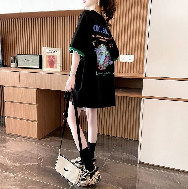 【半額!期間限定!!】デザインセンスニッチなミドル丈半袖Tシャツ新スタイルins-3007