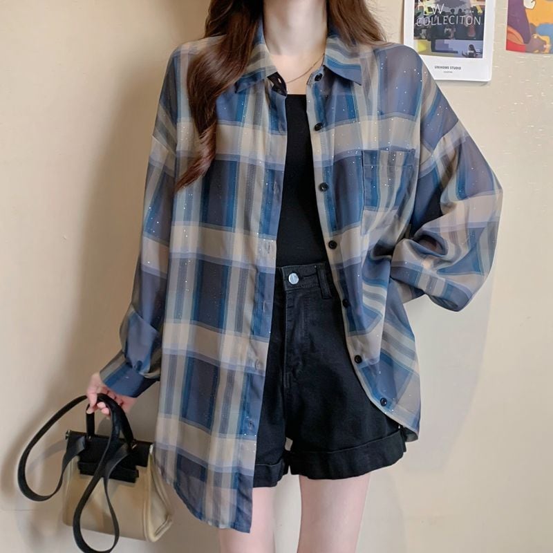 定番シンプル チェック柄 透け感 日焼け対策 全3色 シャツ ins-8544